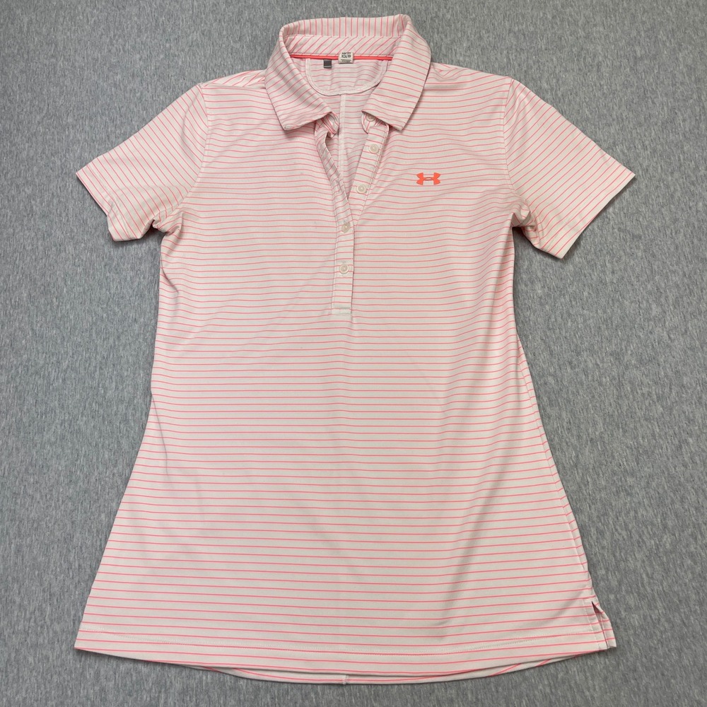 Under Armour Womens HeatGear Polo Shirt Pink White Striped XS Fitted Golf Top